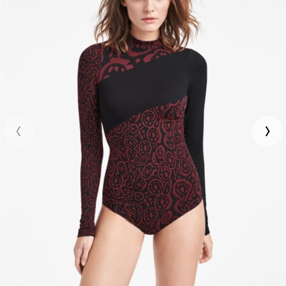 Wolford Black and Burgundy Patterned Long-Sleeve Bodysuit